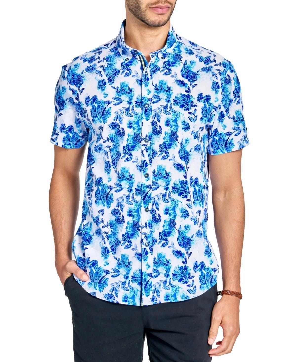 Society of Threads E4655 Men's Paisley Floral Shirt - Blue Size S