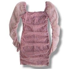Double Crazy M Dusty Pink Sequin Ruched Mesh Puff Long Sleeve Bodycon Mini Dress