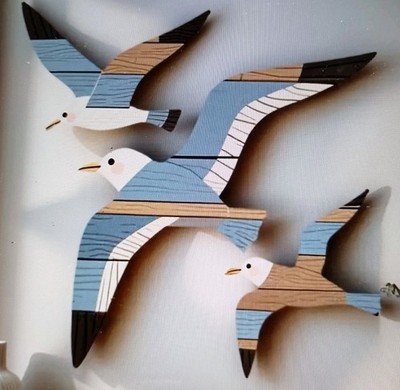 3 FLIEGENDE MÖWEN 2D (flach) rustikal Vintage Holz WANDBEHANG Deko siehe Bilder