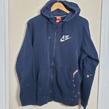 Nike Navy Zip Up Hoodie Bleach Stained Red Tag L