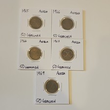 Lot of 5 Austria 50 Groschen Coins (1965, 1966, 1967, 1969) Republik Österreich