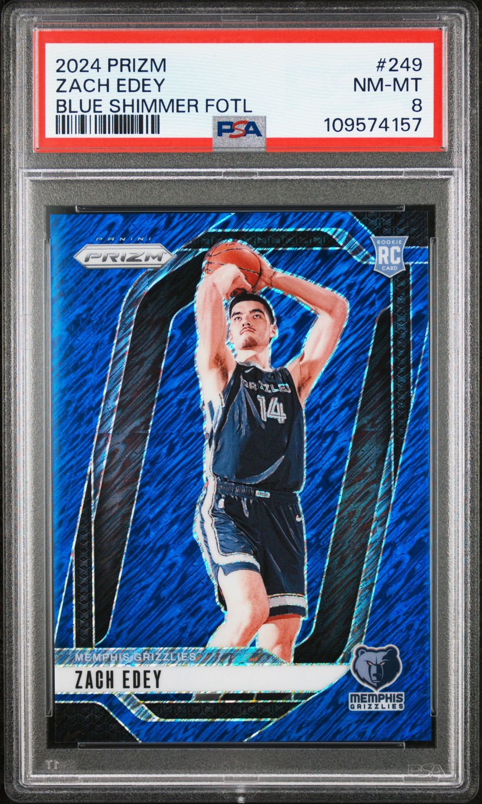 2024 Panini Prizm #249 Zach Edey Blue Shimmer FOTL Rookie Card RC /35 PSA 8