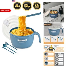 Microwave Ramen Bowl 45 oz Large Noodle Soup Maker with Lid Handle Blue