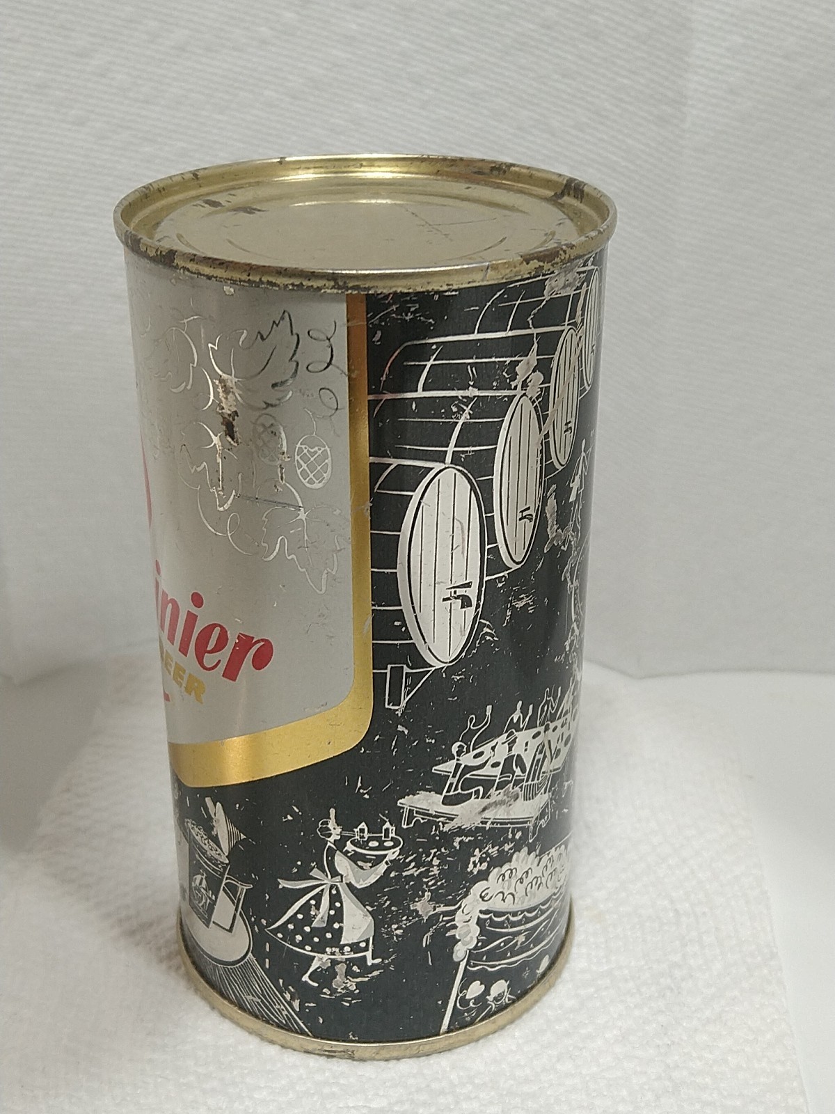 Black Rainier flat top Beer Can ( Bald guy holding beer Stein)