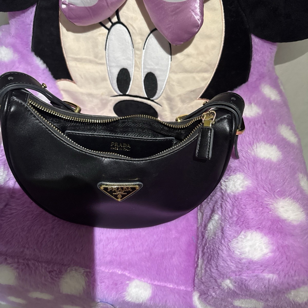 PRADA Crescent Shoulder Bag Black Zip Closure Gold Hardware