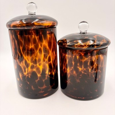 Jonathan Adler Studio Tortoise Shell Glass Canisters Set of 2 Amber Brown New