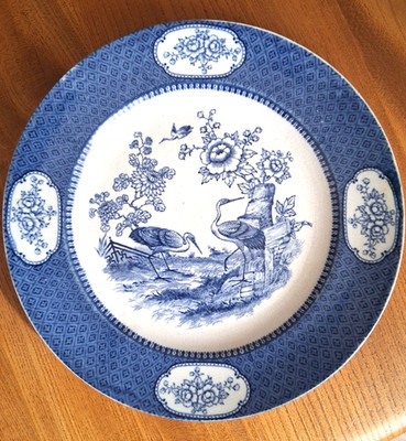 Burslem Blue & White S.W. Deans Störche Speiseteller 25 cm um 1890