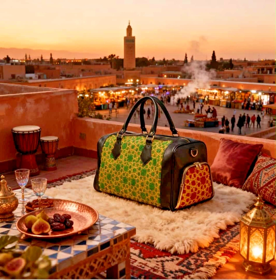 Bolso de viaje de fin de semana de cuero marroquí - Diseño Zellige hecho a mano - Manguito de mano Foto 4 de 4