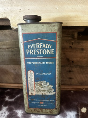 #ad Eveready Prest O Lite Prestone Anti Freeze Gas amp; Oil Advertising Can $50.00