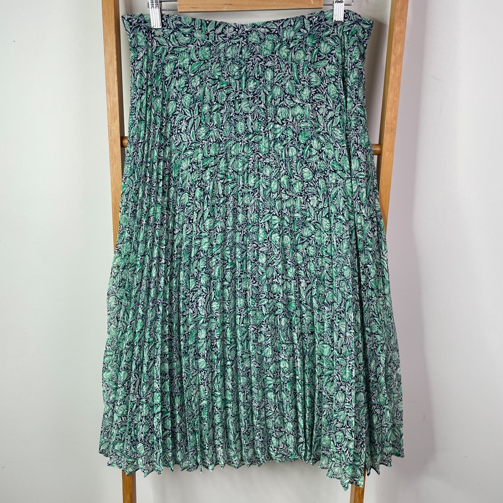 Sportscraft Womens Size 14 Green Blue Leaf Print Pleated Maxi Skirt Lined NWT Casual Wear-image