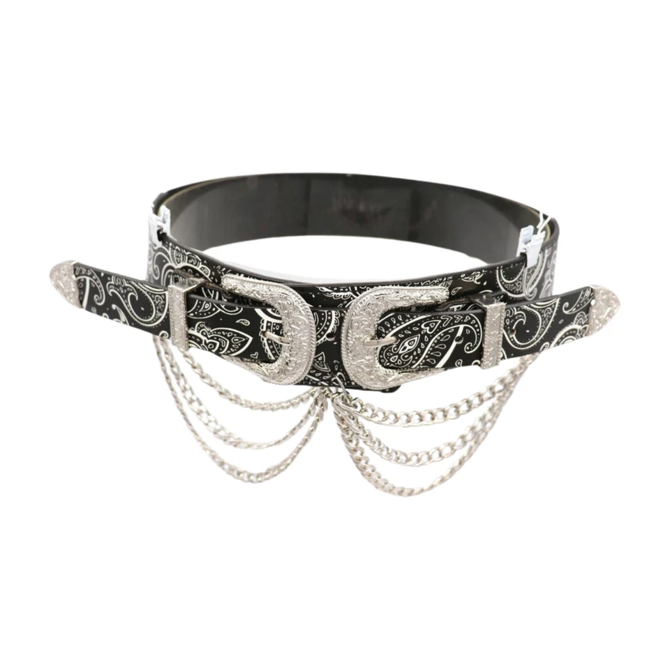 Cinto feminino preto elástico estampa paisley fivela dupla corrente ajustável P M - Imagem 3 de 4