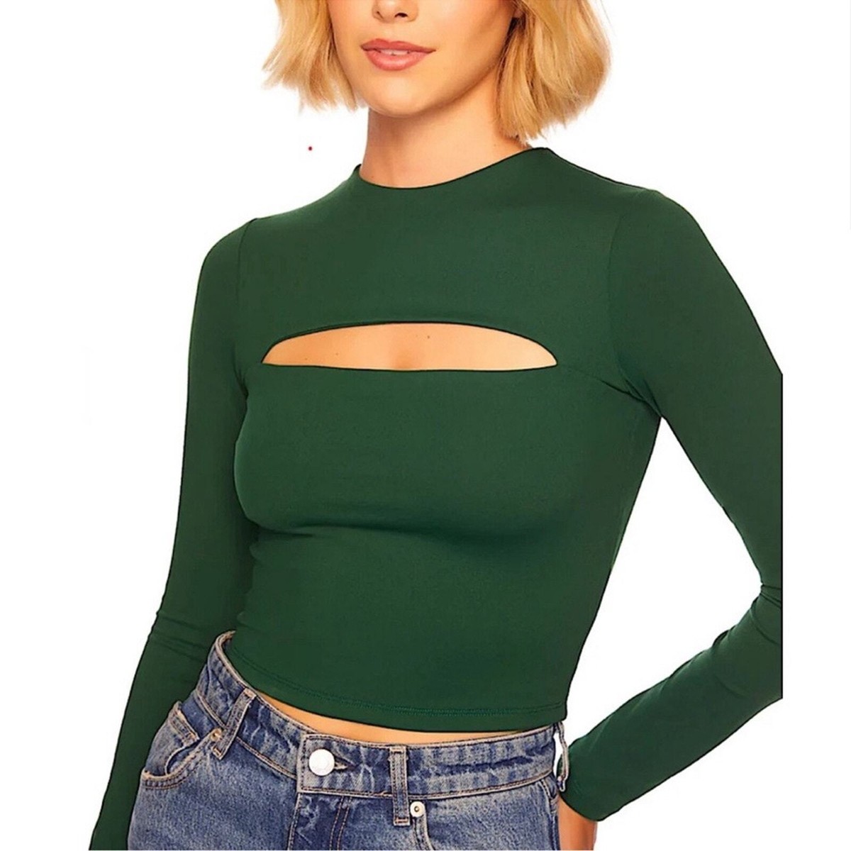 Nwt $148 Susana Monaco X Revolve Green Cut Out Crop Long Sleeve