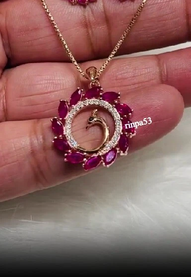 Conjunto de joyas Peacock Birmese Lab Syn rosa rubí regalo para mujer real en 925 SS Foto 2 de 4