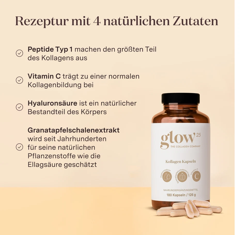 Glow25® Collagen Kapseln hochdosiert [180] - mit Hyaluronsäure und Vitamin C - Bild 2 von 4