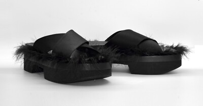 A6 Auth SIMONE ROCHA X H&M Black Feathered Criss Cross Satin Slide Sandals Sz 40
