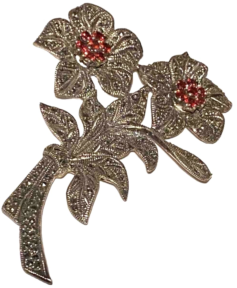 CFJ GRANDE PLATA ESTERLINA MARCASITA CRISTAL FLOR FIGURA BROCHE PIN VINTAGE Foto 3 de 4