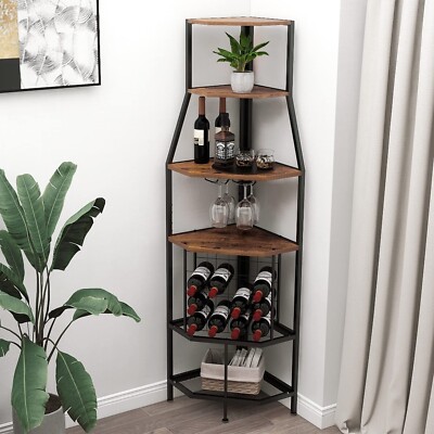 5-Tier Corner Wine Rack Floorstanding with Glass Holder and
