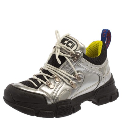 Gucci Silver/Black Leather And Mesh Flashtrek Low Top Sneakers size 35 Gucci Silver/Black Leather And Mesh Flashtrek Low Top  main image 3