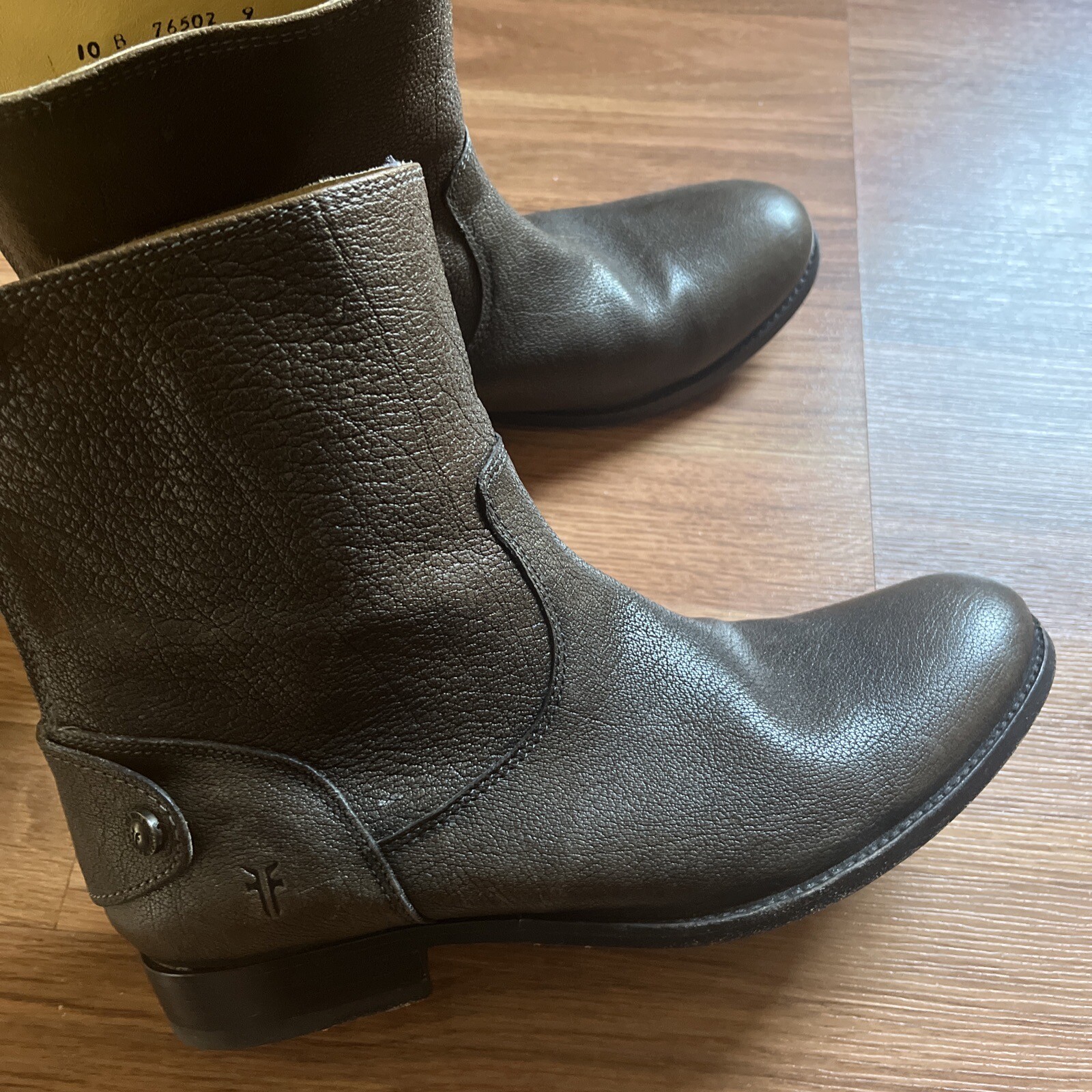 Fry Boots, 10B, Melissa Button Zip Womens Short Brown Leather Boots, EC