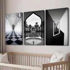 3pcs Venalia Palace Moroccan Arches & Medgreent Wall Art Canvas Unframed/Framed