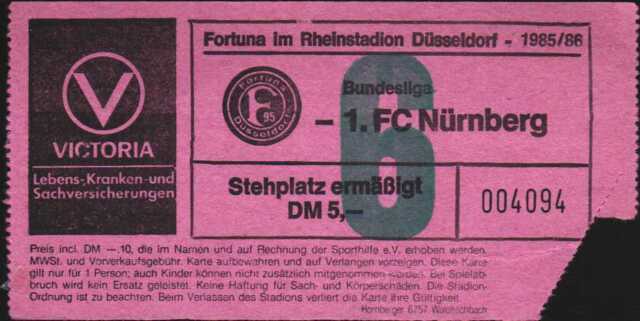 2921 Ticket Bl 85/86 Fortuna Düsseldorf - 1. FC Nuremberg 22.04.1986