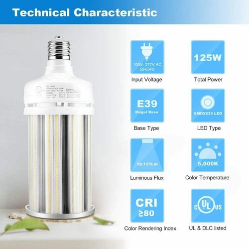 125W Garage LED Corn Light Bulb 5000K Daylight E39 Mogul Base 400W Equal - Picture 6 of 12
