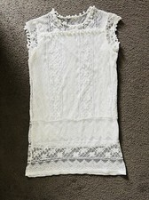 White Lace Short Size M Dress - Round Neck Mini Cute Dress/ Blouse