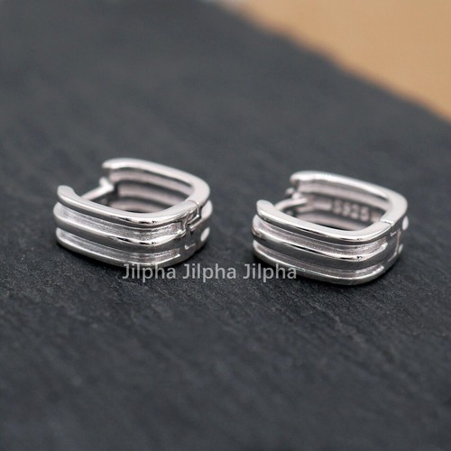 Mens Sterling Silver Small Square Huggie Hoop Earrings Ribbed Textured A4543 - Picture 6 of 8