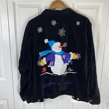 The Quacker Factory Velvet Jacket Button Bomber Trucker Embroidered Snowman