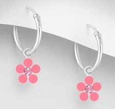 Solid Sterling Silver Hot Pink Enamel Flower Hoop Dangle Earrings 0.75" CHILDREN