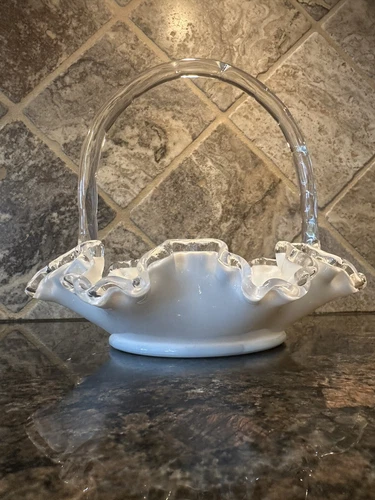 Vintage Fenton Silver Crest Milk Glass Basket Ruffled Edges & Clear Handle EUC