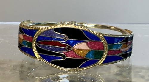 Vintage 80’s Art Deco Style Gold Color Enameled Runway Hinged Bracelet RARE! - Picture 2 of 8
