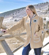 Women Beige Sweden Leather Coat Antique American Fringes & Beads Jacket Xs-4xl