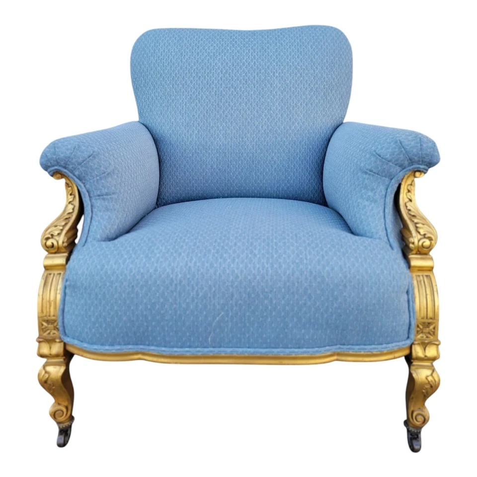 Cadeira Berger Francesa do Século XIX - Moldura de Folha Dourada, Recém Estofada em Azul - Imagem 2 de 4