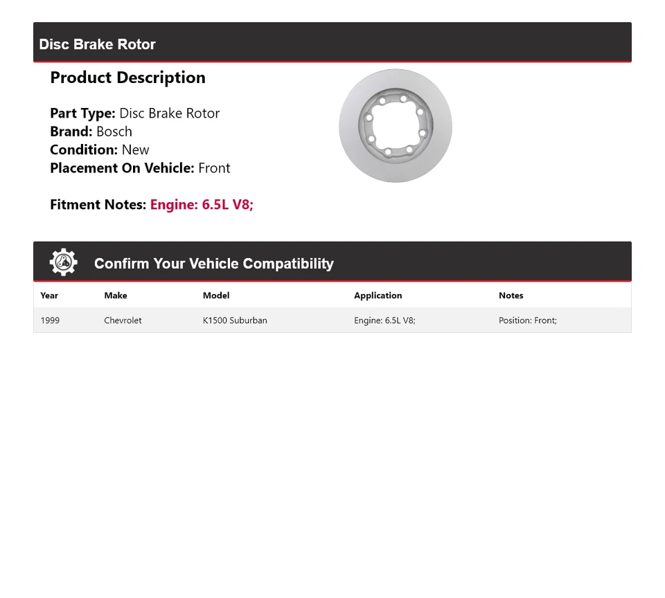 Para Chevrolet K1500 Suburban 1999 6,5 L V8 Bosch QuietCast freno de disco rotor delantero Foto 2 de 4