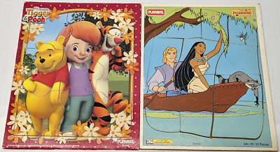 VTG Playskool Wooden Puzzles Lot (2) Pooh (9 piece) & Pocahontas (10 piece)