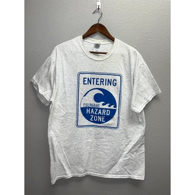 Vintage Tsunami Shirt Entering Hazard Zone Gray Graphic Tee Yellowed Large
