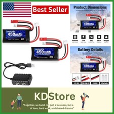 2 x 450mAh 7.4V Lipo Batteries with Charger - Long Life for RC Vehicles & Drones