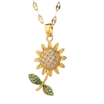 Damen Halskette Edelstahl Sonnenblume Anhänger Gold Kette 18K vergoldet Zirkonia - Bild 1 von 4