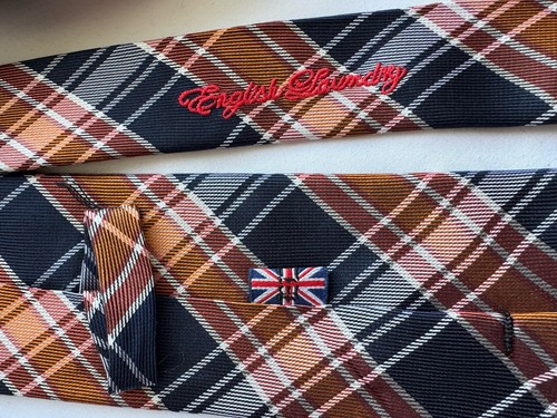 English Laundry Tie Silk Men’s Plaid Navy, Dark Orange Christopher Wicks 62” L - Picture 3 of 5