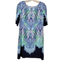 Eliza J Women Mini Dress Shift Paisley Crewneck 3/4 Sleeve Abstract Preppy 12P