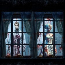 2PCS Bloody Zombie Window Curtain Halloween Decor Spooky Haunted House Backdrop