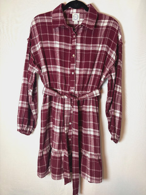 Burgundy Plaid Shirt Dress Belted Button Long Sleeve Size S NEW  Francesca's