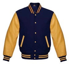 Varsity Jacket Navy Blue and Golden Colour Real leather sleeves jacket