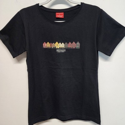 Bryggen Womens Bergen Norway Graphic T-shirt Size L Black Short Sleeve Casual