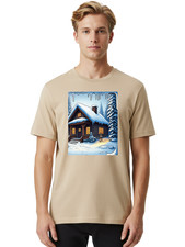 Snowy-Log-Cabin Mens Graphic Tee, 100% Cotton, Casual Summer Wear