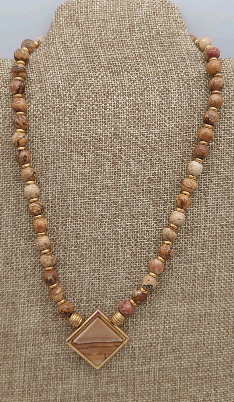 Brown And Gold Tone Beaded Necklace Choker Diamond Shaped Pendant