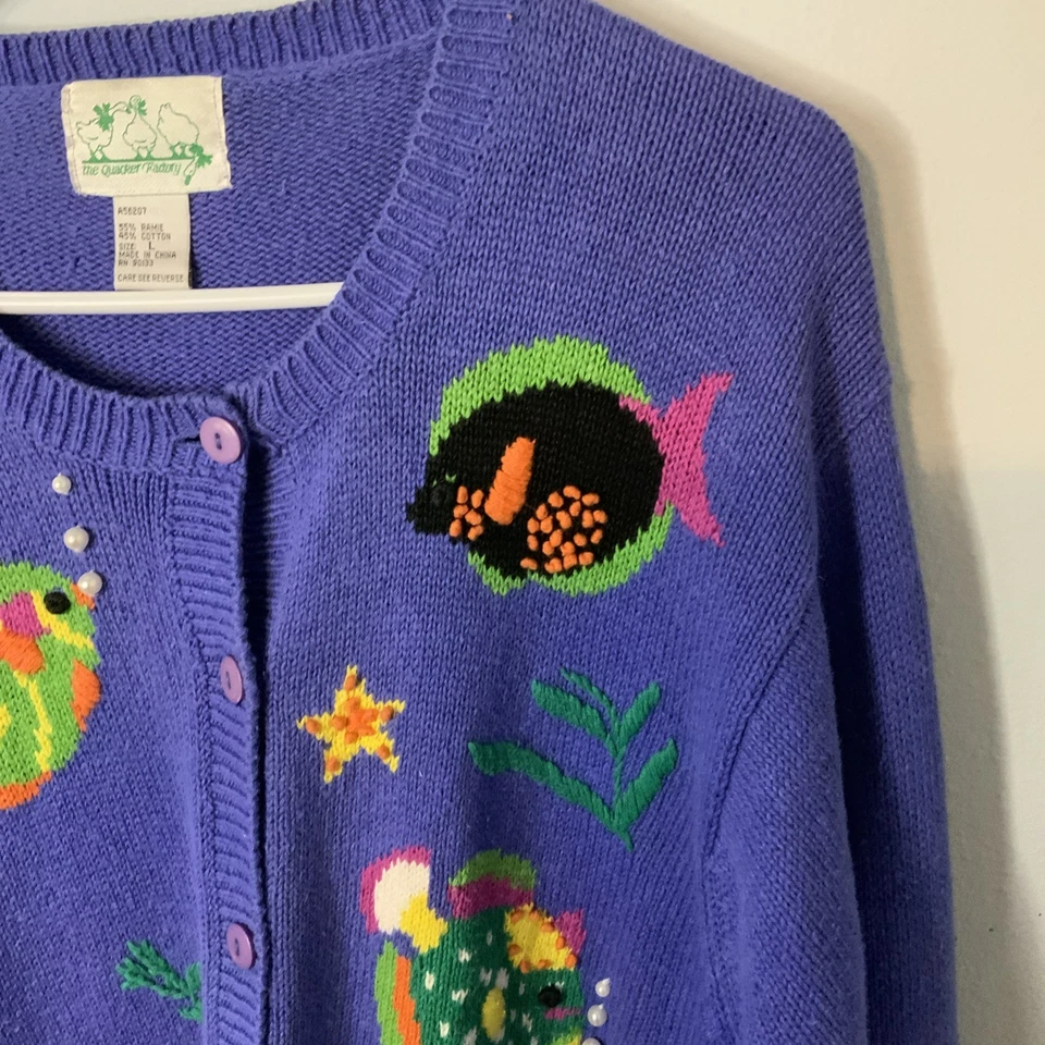 The Quacker Factory Woman's Large Knit Cardigan Sweater Ocean Fish Ocean Purple - Image 3 of 4