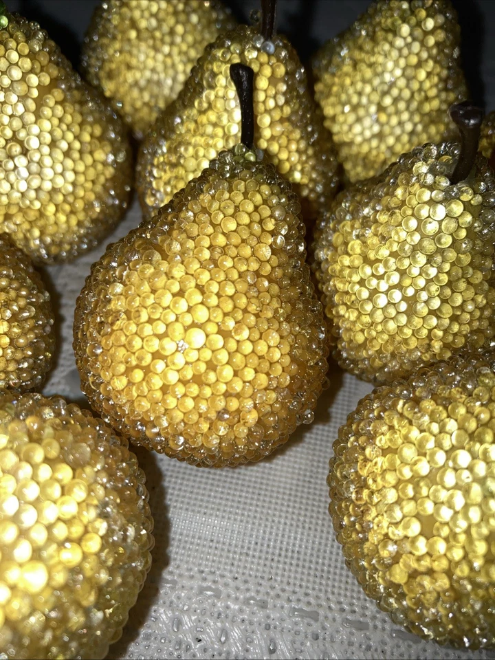 Lote de 11 peras amarelas vintage pequenas com miçangas açucaradas frutas falsas fosco 2"" - Imagem 2 de 4