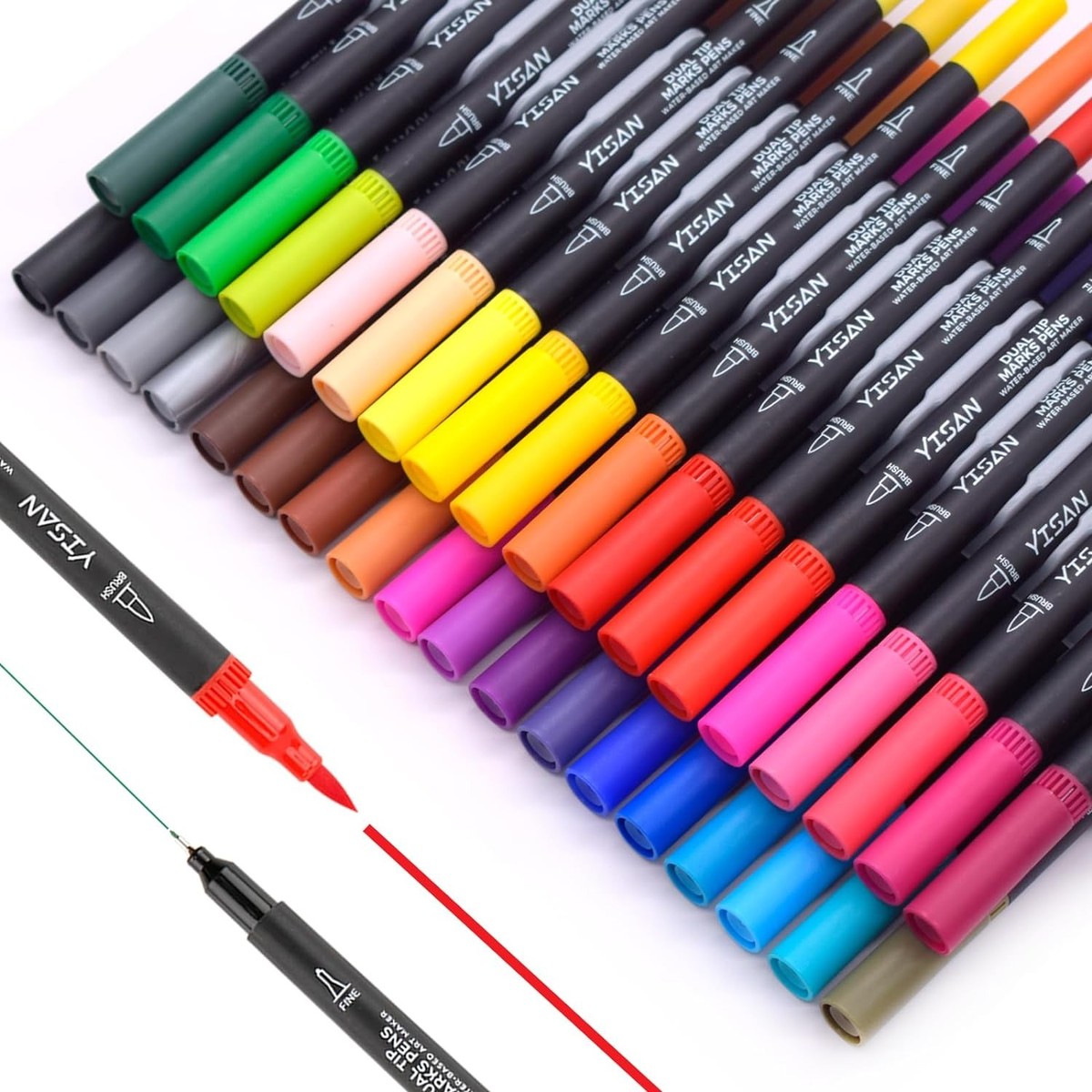 YISAN Fine Tip Markers,Brush Markers,36 Colors,Dual Tip,Drawing